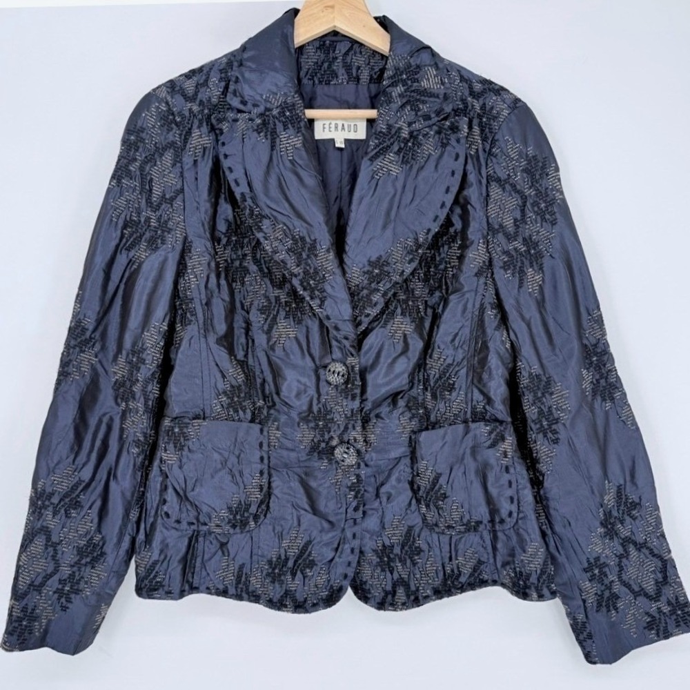 Louis Feraud Paris Navy Blue Silk Embroidered Jewel Button Blazer Jacket Luxe